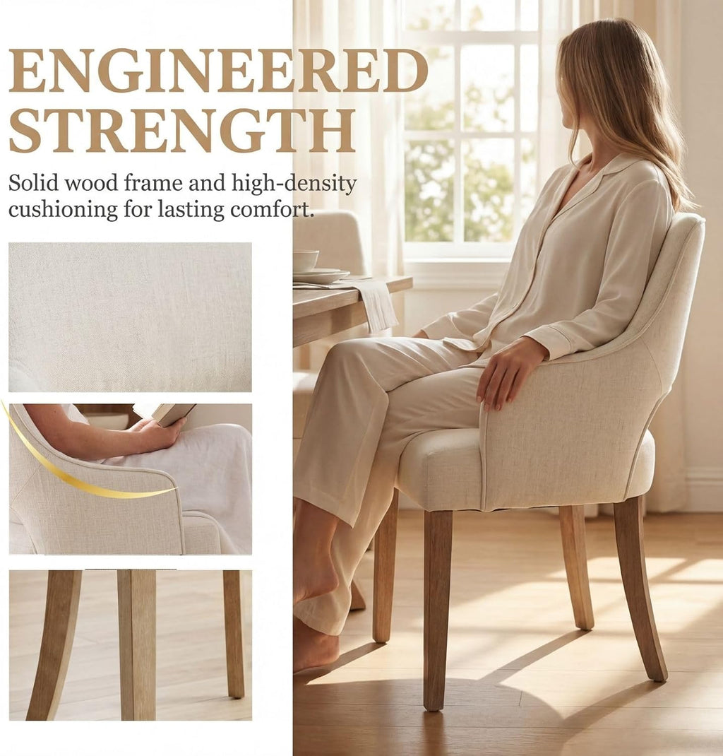 Farmhouse Upholstered Dining Chairs Set of 2, Linen Fabric Dining Room Chairs with Arms, Solid Wood Kitchen Side Chairs for Dining Living Room Bedroom, Upgraded Size, Cream