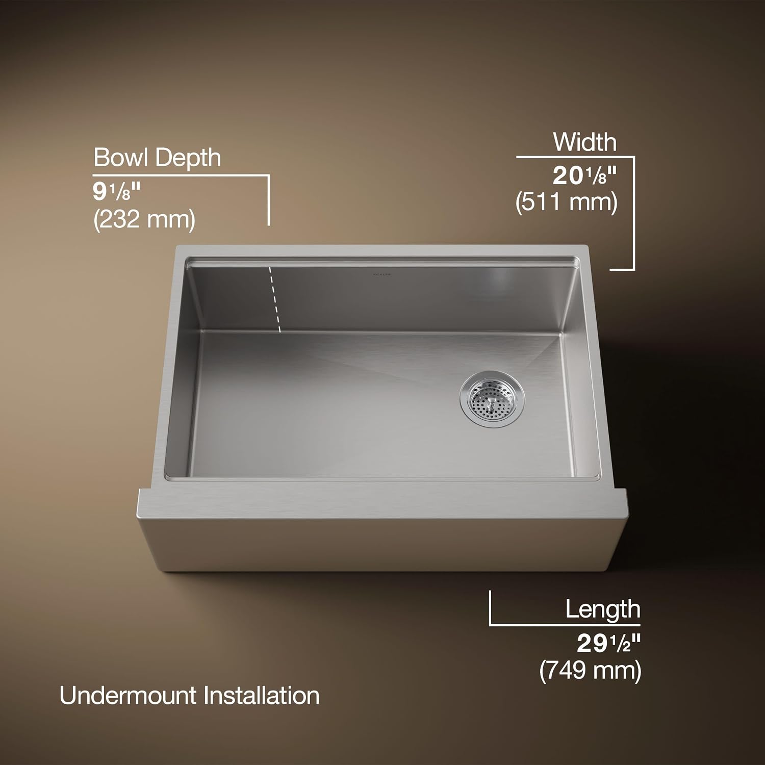 Kohler 33655-PC-NA Strive® 29-1/2' undermount single-bowl farmhouse workstation kitchen sink, Stainless Steel