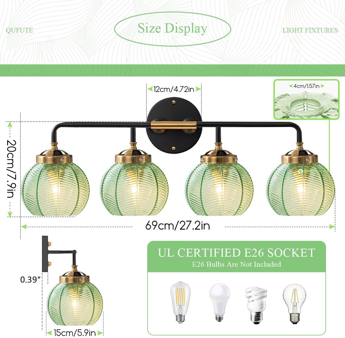 Modern Vanity Light Bathroom 4-Light Fixtures Vintage Wall Lamp Emerald Green Glass Globe Shade Over Mirror Vanity Wall Lights Indoor Deco Lighting Fixture for Mirror Kitchen Cabinet