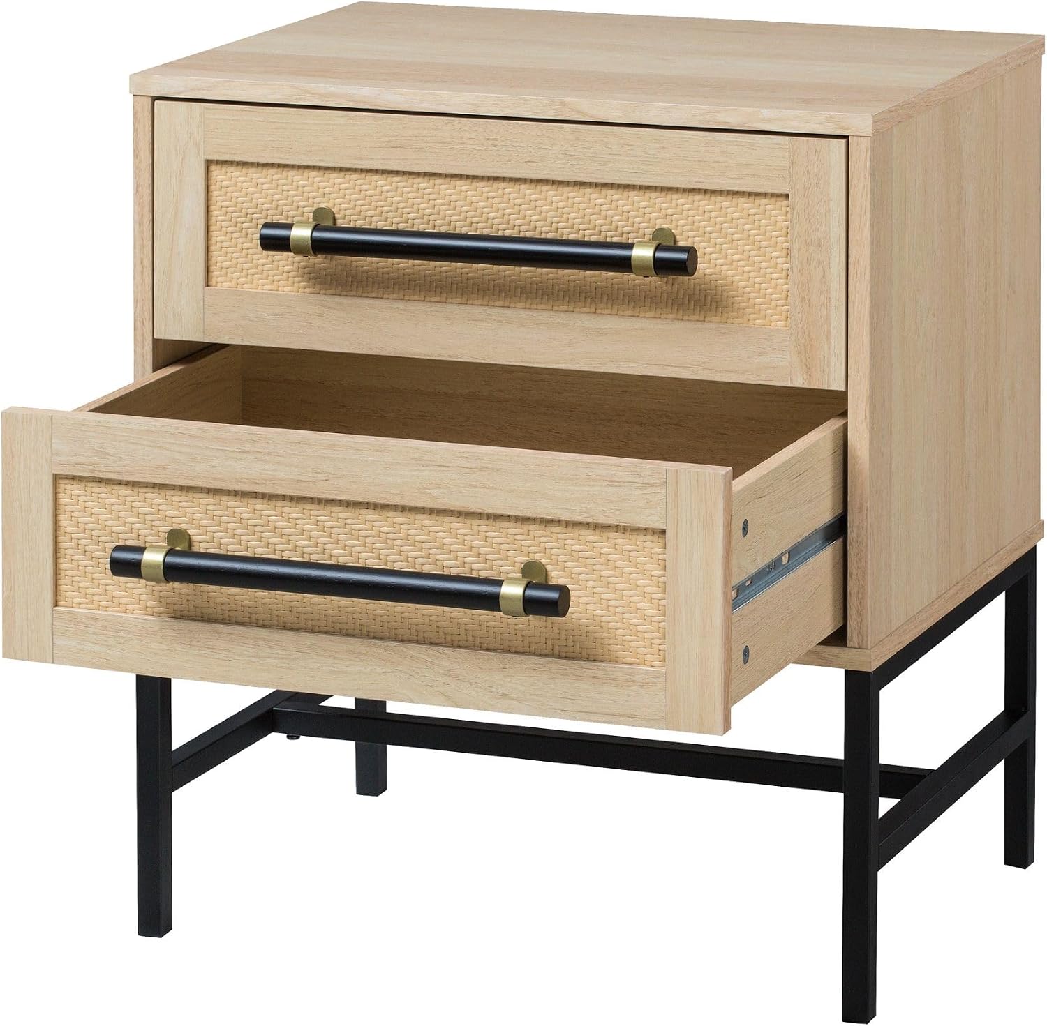 Sophia 2-Drawer Nightstand in Natural Oak Look with Rattan Panels and Minimalist Black Metal Frame- Perfect Bedroom Storage for Small Spaces, Large Suites, or Living Rooms