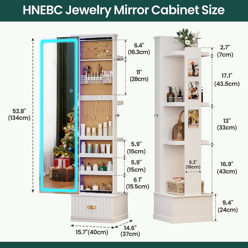 HNEBC LED Jewelry Cabinet Standing, Full Length Mirror with Storage/3 Color Adjustable LIghts, Jewelry Armoire has 3 Photo Frames/4 Shelfs/1 Drawer,Space-Saving Organizer,Gifts for Women