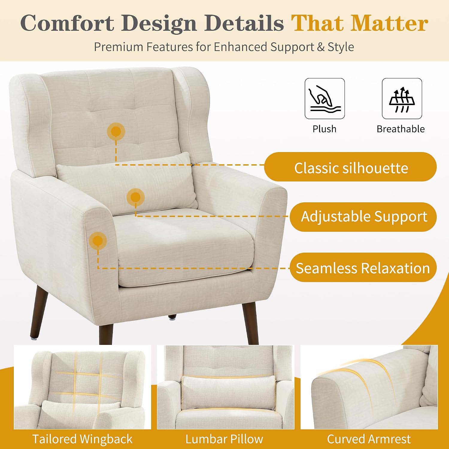 Modern Accent Chair, Upholstered Armchair with Pillow, Fabric Single Sofa Chair with Lounge Seat and Wood Legs Accent Chair for Living Room Bedroom Small Spaces (Beige, Set of 1)