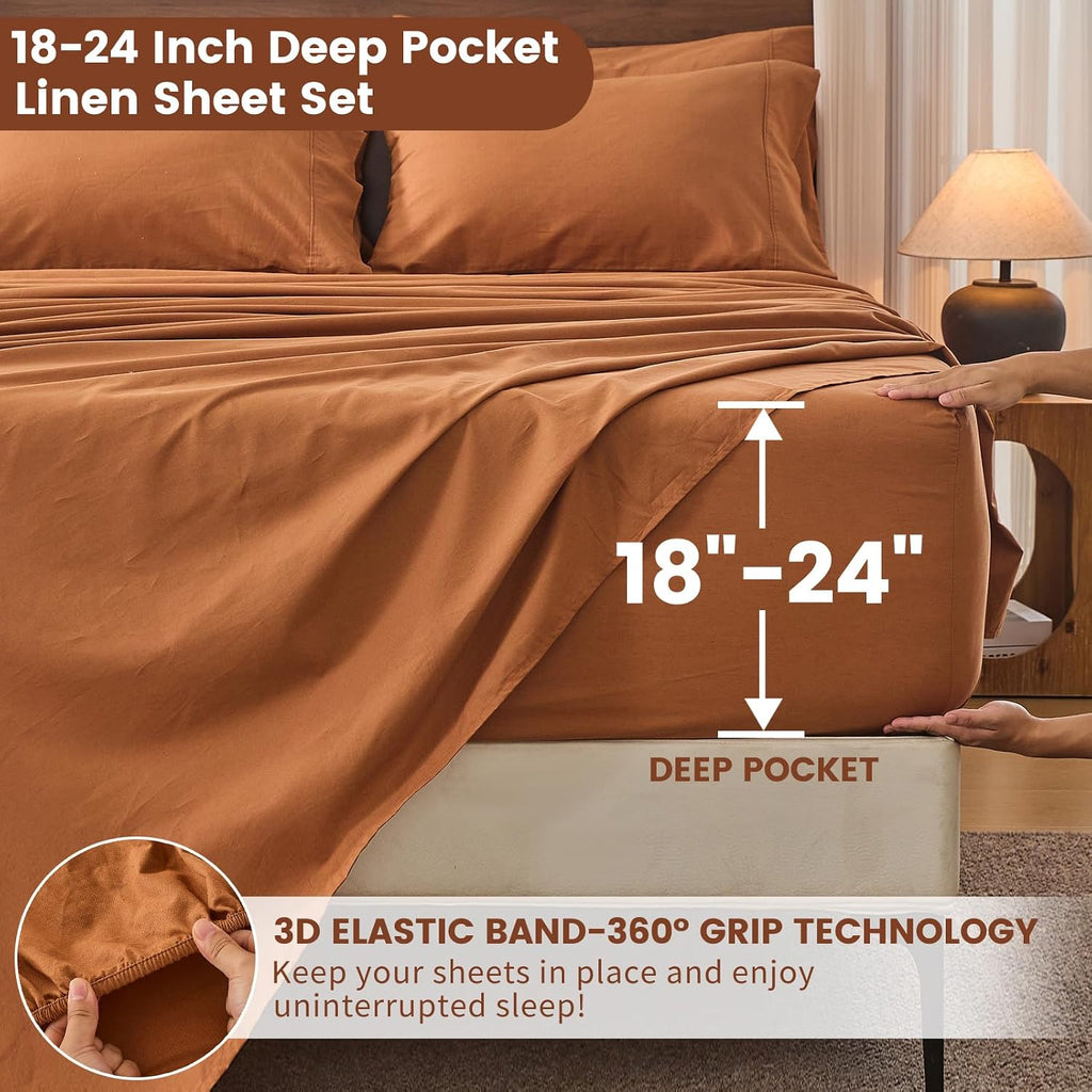 Bedlifes 100% French Flax Linen Sheets Set King Size - 6 Piece Extra Deep Pocket 18-24',Soft Breathable King Bed Sheets with Temperature Regulating & Moisture-Wicking(Brown