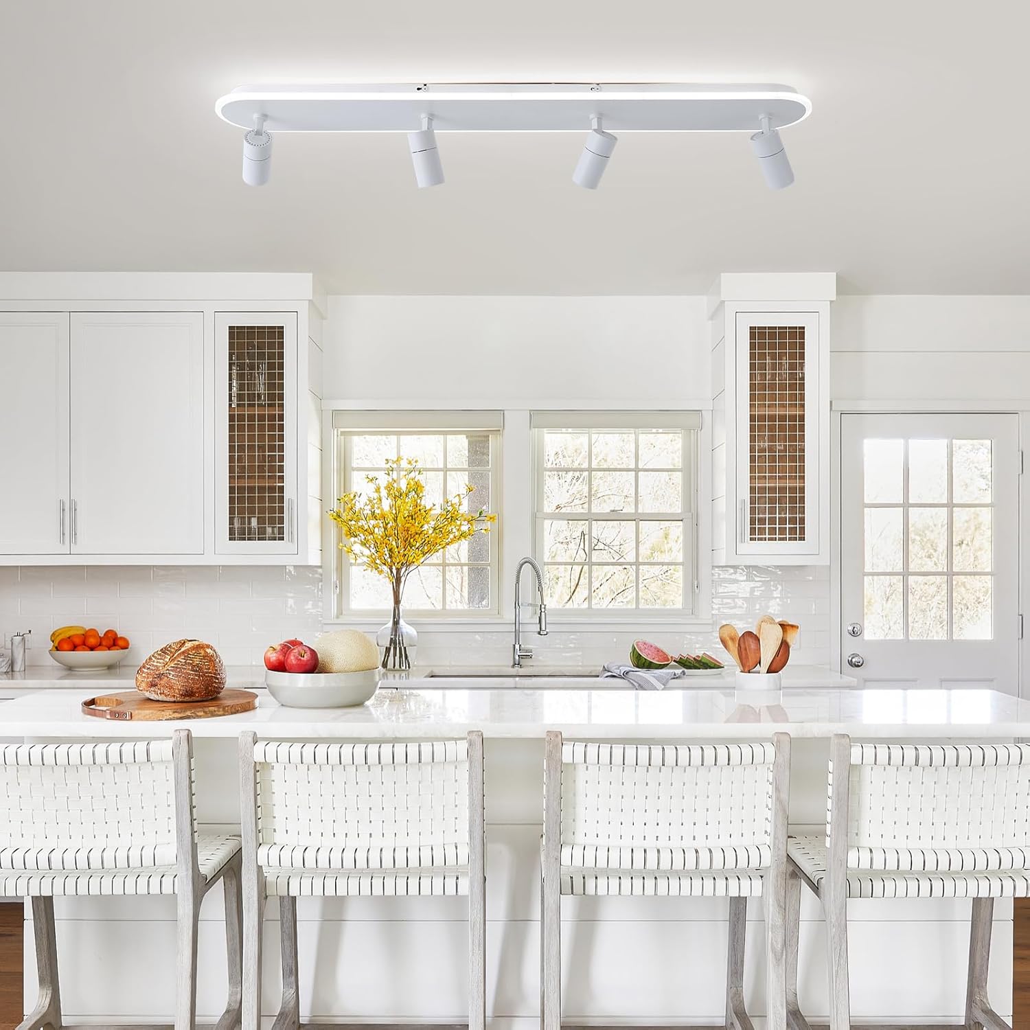 Jaycomey Modern LED Ceiling Light with 4 Spotlights, Dimmable 58W Linear Ceiling Lamp Fixture with Remote, 43.3in Upgraded Flush Mount Ceiling Chandelier Lighting for Bedroom Closet Hallway (White)