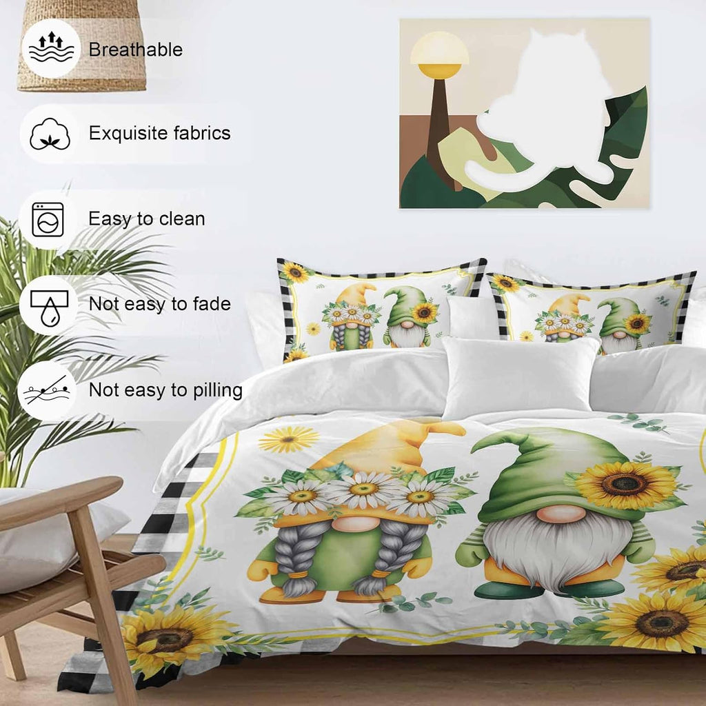 Prime Leader Summer Dwarfs Duvet Cover Set Queen Size 4 Pieces Yellow Sunflower Daisy Black Plaid Field Bedding Set with Zipper Closure, 1 Comforter Cover 92x106 Inches 1 Flat Sheet & 2 Pillow Cases