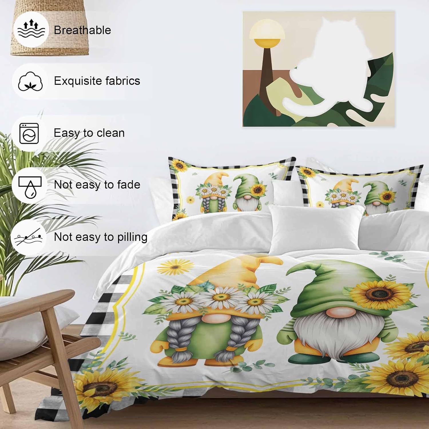 Prime Leader Summer Dwarfs Duvet Cover Set Queen Size 4 Pieces Yellow Sunflower Daisy Black Plaid Field Bedding Set with Zipper Closure, 1 Comforter Cover 92x106 Inches 1 Flat Sheet & 2 Pillow Cases