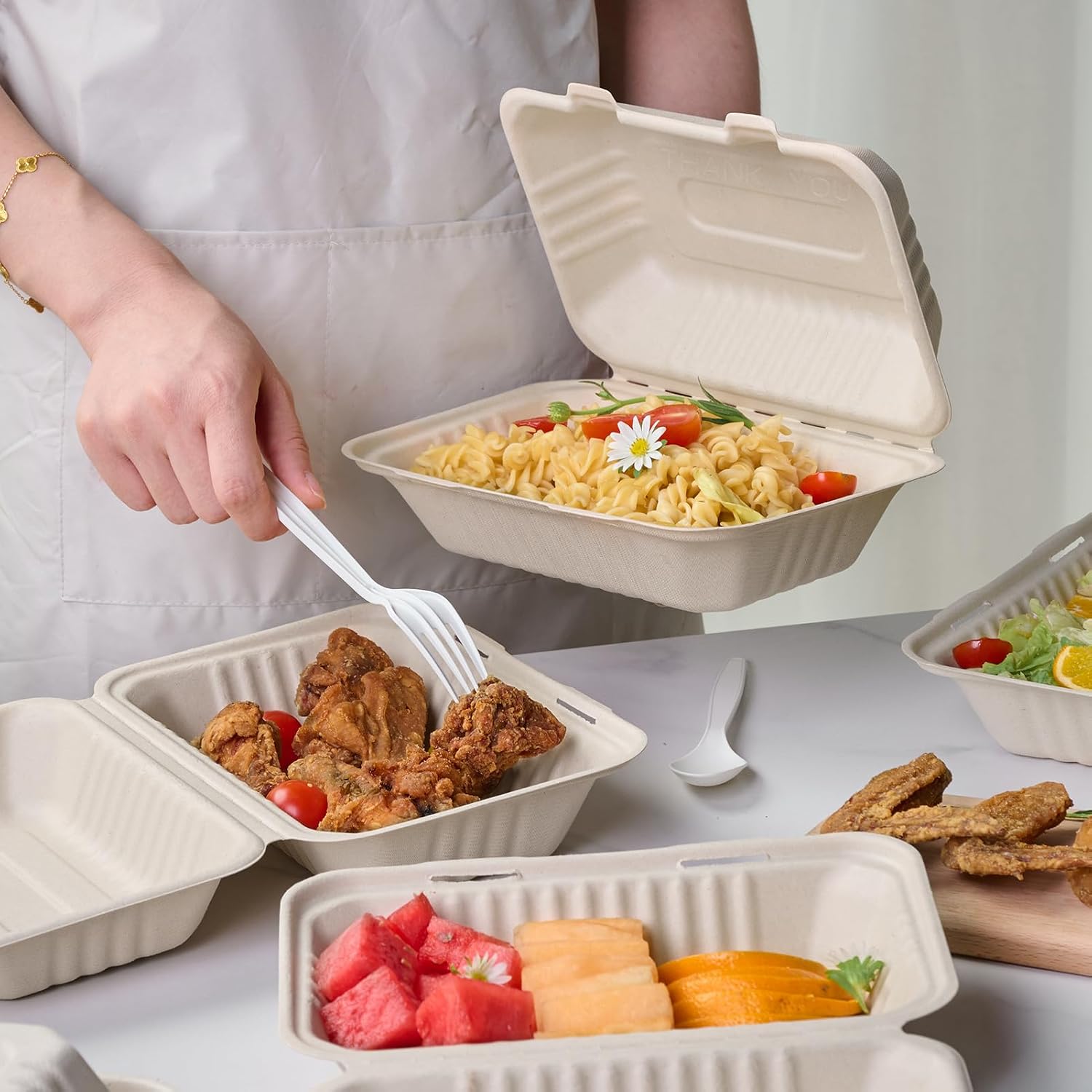 ECOLipak 500 Pack Clamshell Take Out Food Containers, 100% Compostable Disposable To Go Containers, 9X6 inch Heavy-Duty To Go Boxes for Food