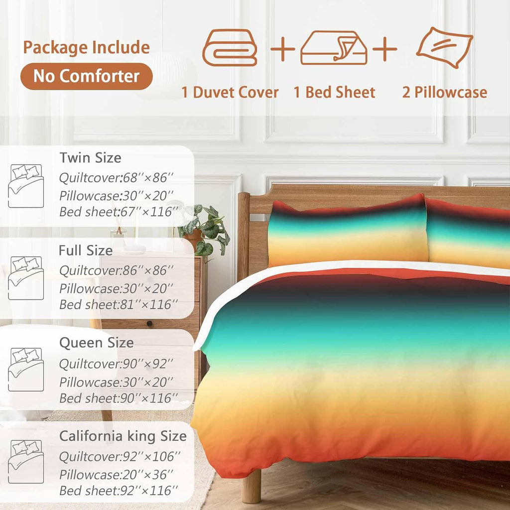 Bohemian Gradient Green Duvet Cover Set Queen Size 4 Pieces Modern Minimalist Orange Yellow Black Ocean Beach Bedding Set with Zipper Closure,1 Comforter Cover 92x106 Inch 1 Flat Sheet&2 Pillow Cases