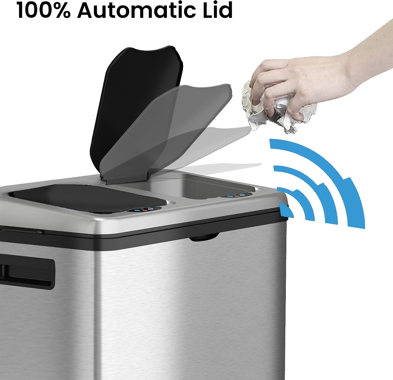 iTouchless 16 Gallon Touchless Sensor Kitchen Trash Can and Recycle Bin with Wheels, 61 Liter Stainless Steel Dual-Compartment (2 x 8 Gallon) Combo Recycling and Garbage Trashcan