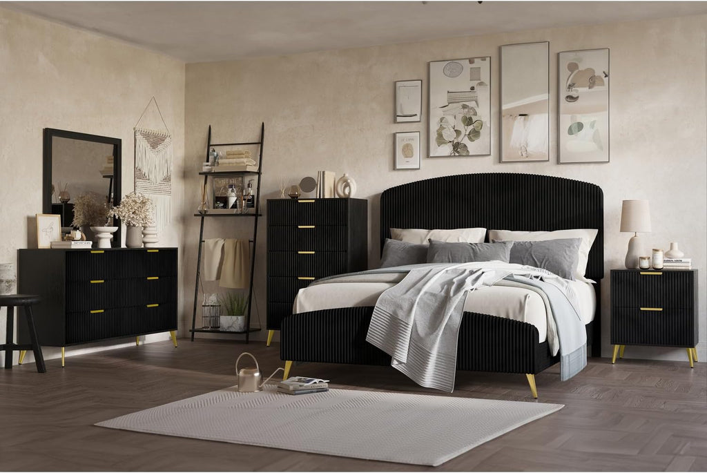 HomeStock Velvet Upholstered Panel Bed - Modern Black Bedroom Furniture King