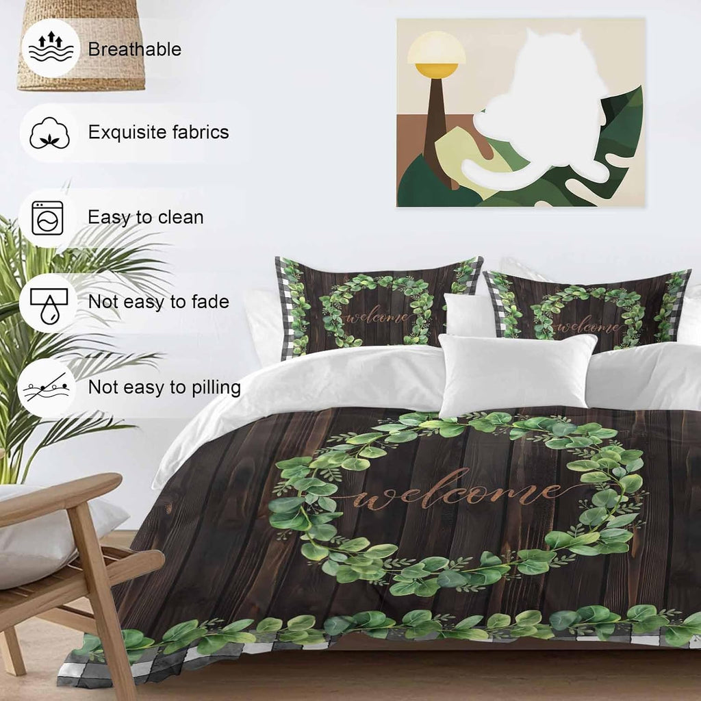 Welcome Duvet Cover Set Queen Size 4 Pieces Spring Eucalyptus Leaf Plaid Farmhouses Brown Wood Bedding Set with Zipper Closure, 1 Comforter Cover 90x92 Inches 1 Flat Sheet & 2 Pillow Cases