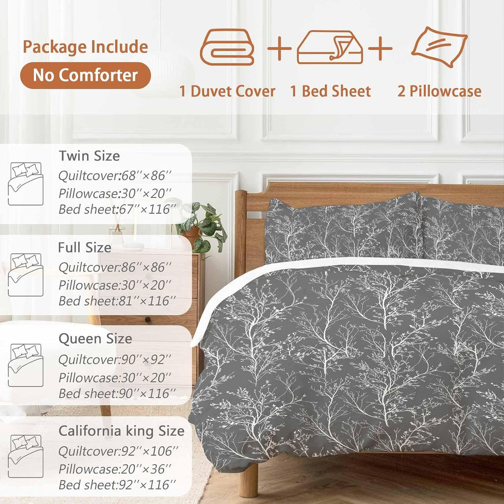 Dark Grey Duvet Cover Set Queen Size 4 Pieces White Tree Branch Botanical Abstract Plant Leaves Bedding Set with Zipper Closure, 1 Comforter Cover 92x106 Inches 1 Flat Sheet & 2 Pillow Cases