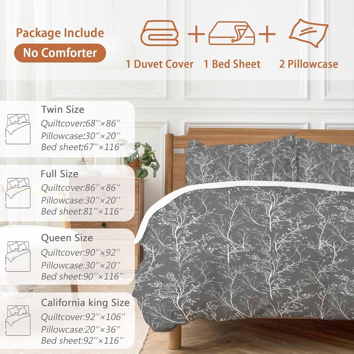 Dark Grey Duvet Cover Set Queen Size 4 Pieces White Tree Branch Botanical Abstract Plant Leaves Bedding Set with Zipper Closure, 1 Comforter Cover 92x106 Inches 1 Flat Sheet & 2 Pillow Cases