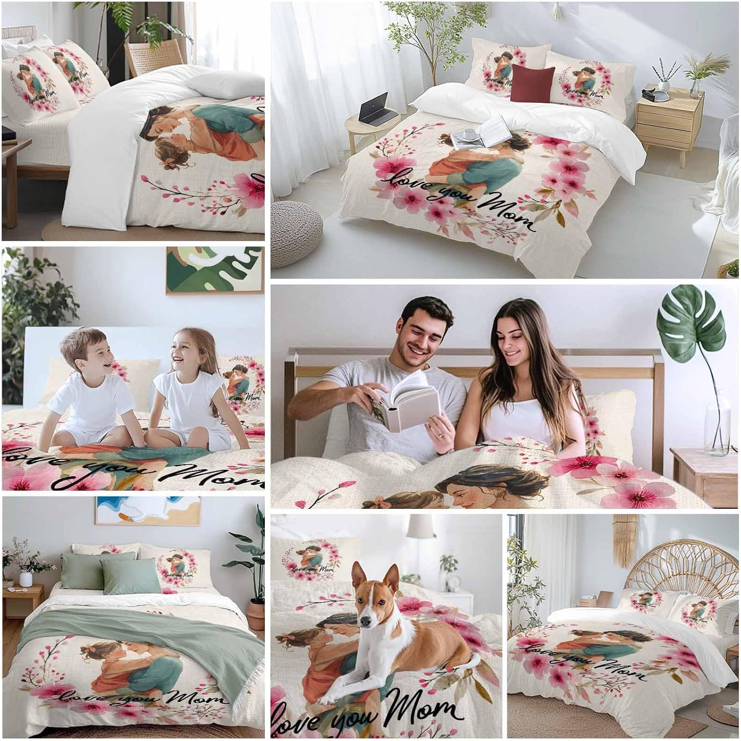 Mother's Day Duvet Cover Set Queen Size 4 Pieces Cartoon Characters Pink Flower Vintage Linen Texture Bedding Set with Zipper Closure, 1 Comforter Cover 92x106 Inches 1 Flat Sheet & 2 Pillow Cases