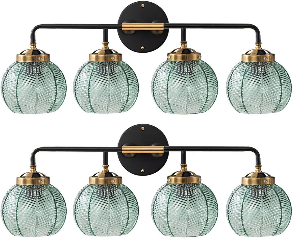 2-Pack Glass Wall 4-Lights Bathroom Vanity Light fixtures Green Glass Globe Shade Mid Century Modern Light Fixture Black Large Wall Sconce for Over Mirror Bath Living Room Cabinet