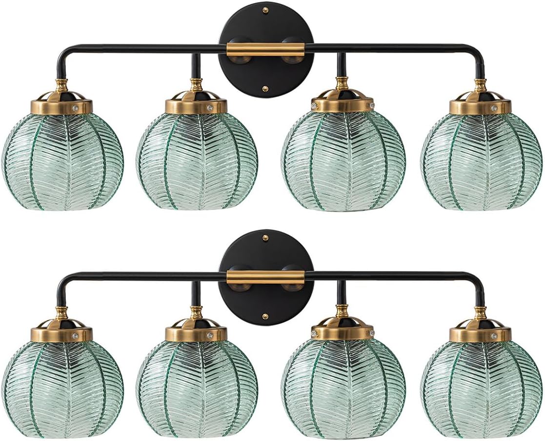 2-Pack Glass Wall 4-Lights Bathroom Vanity Light fixtures Green Glass Globe Shade Mid Century Modern Light Fixture Black Large Wall Sconce for Over Mirror Bath Living Room Cabinet