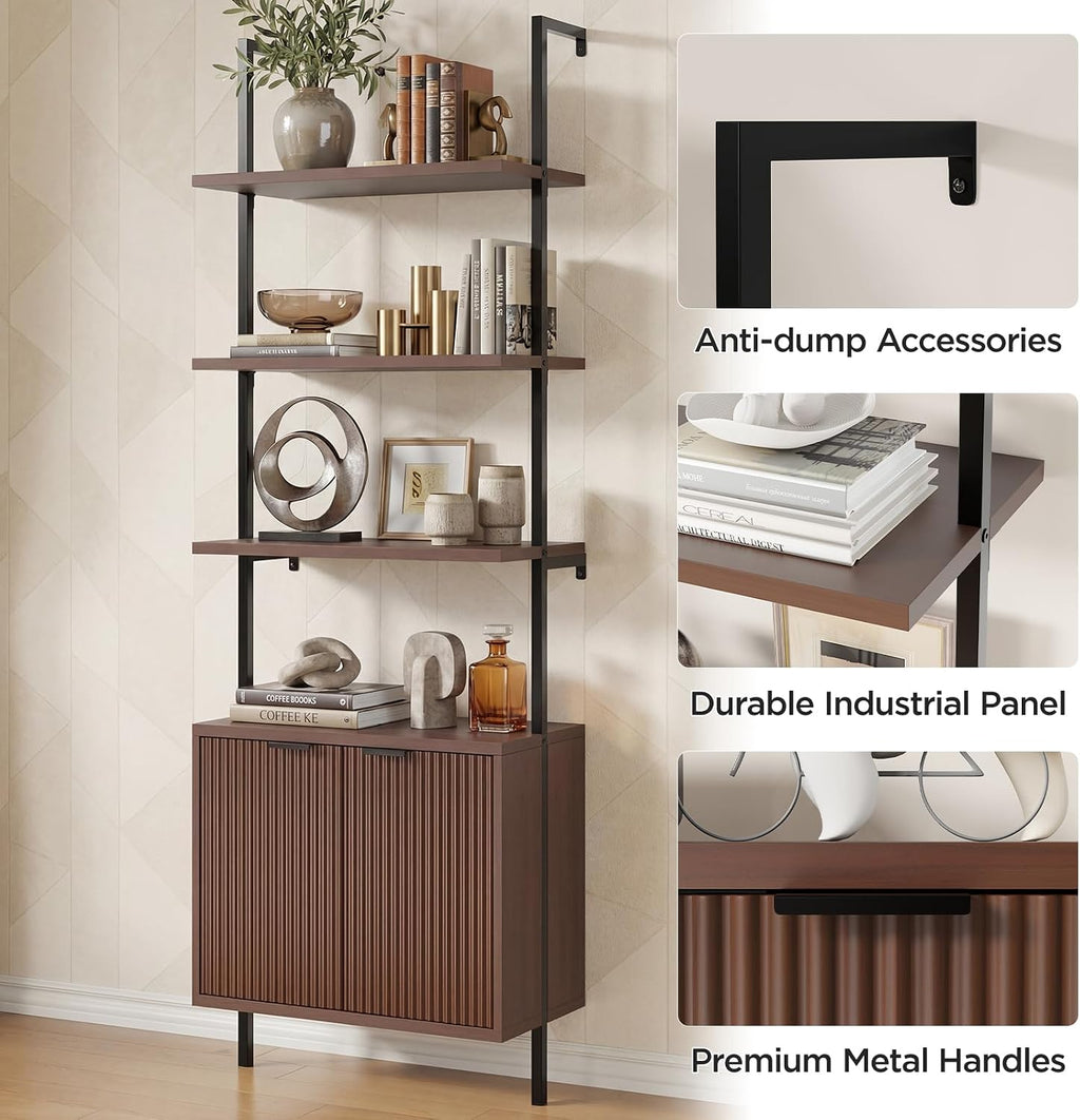 Halitaa Set of 2 Walnut & Black Ladder Shelf with Storage Cabinet, Modern Ladder Bookshelf with Doors, Wall Mount Bookcase with Metal Frame, Display Shelves for Living/Bed/Bathroom, Home Office