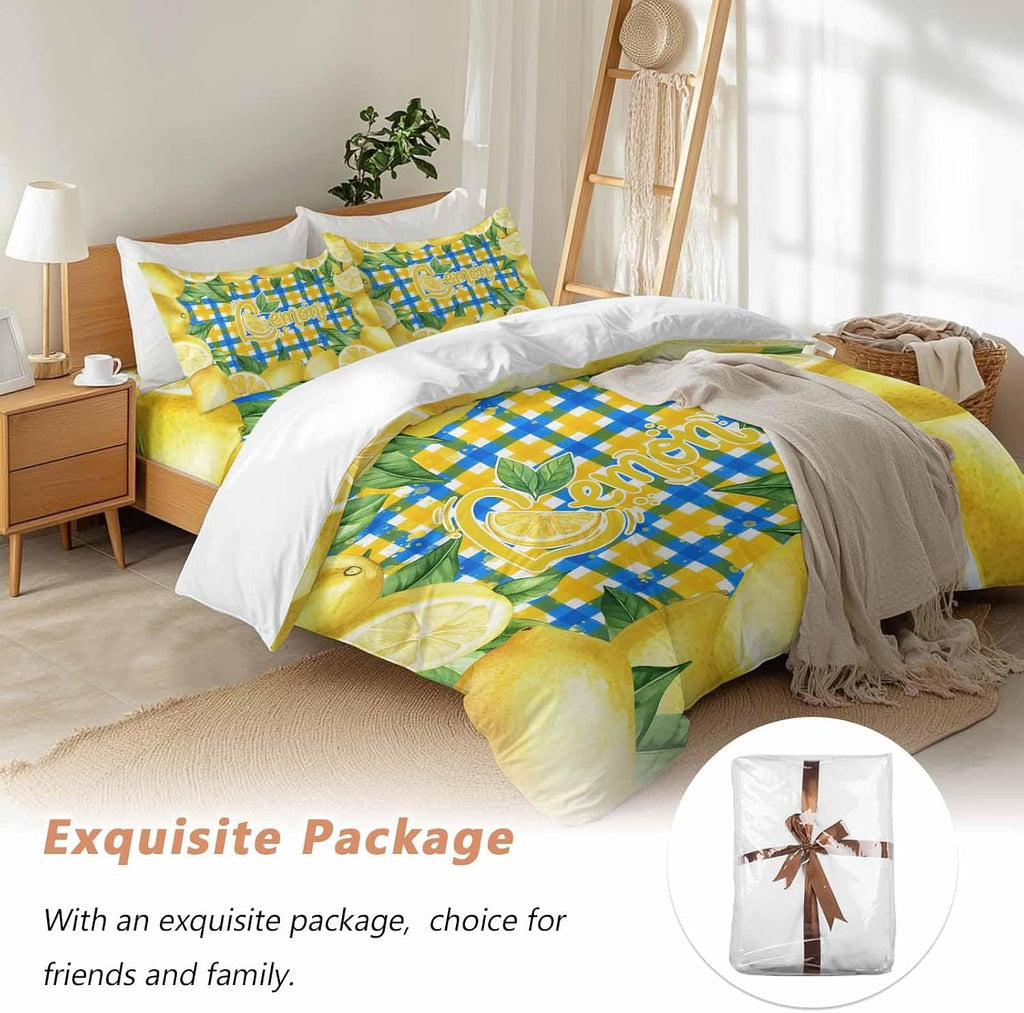 Summer Fruit Duvet Cover Set Queen Size 4 Pieces Watercolor Lemon Frame Letter Print Blue Yellow Plaid Bedding Set with Zipper Closure, 1 Comforter Cover 92x106 Inches 1 Flat Sheet & 2 Pillow Cases