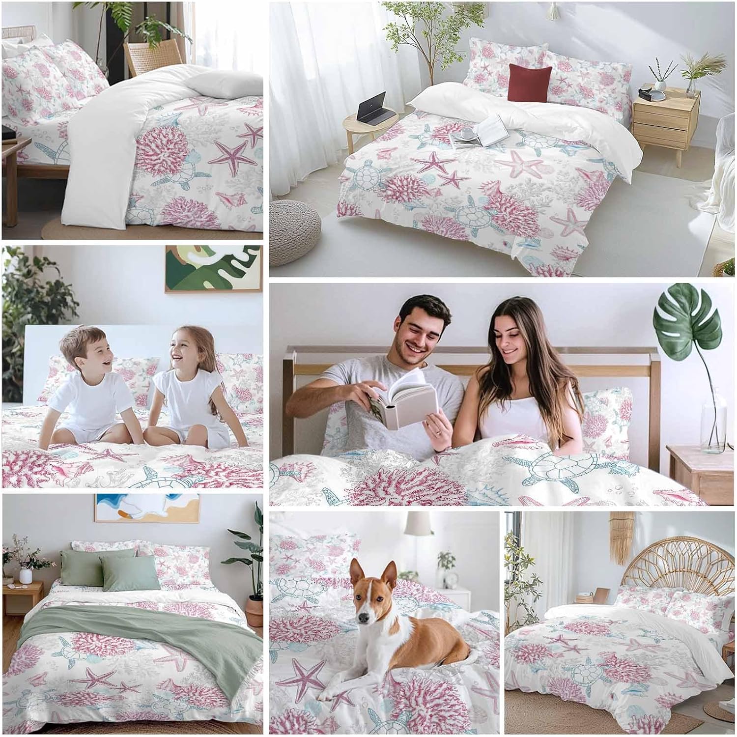 Summer Marine Life Duvet Cover Set Queen Size 4 Pieces Ocean Starfish Coral Coastal Sea Turtle Pink Bedding Set with Zipper Closure, 1 Comforter Cover 92x106 Inches 1 Flat Sheet & 2 Pillow Cases