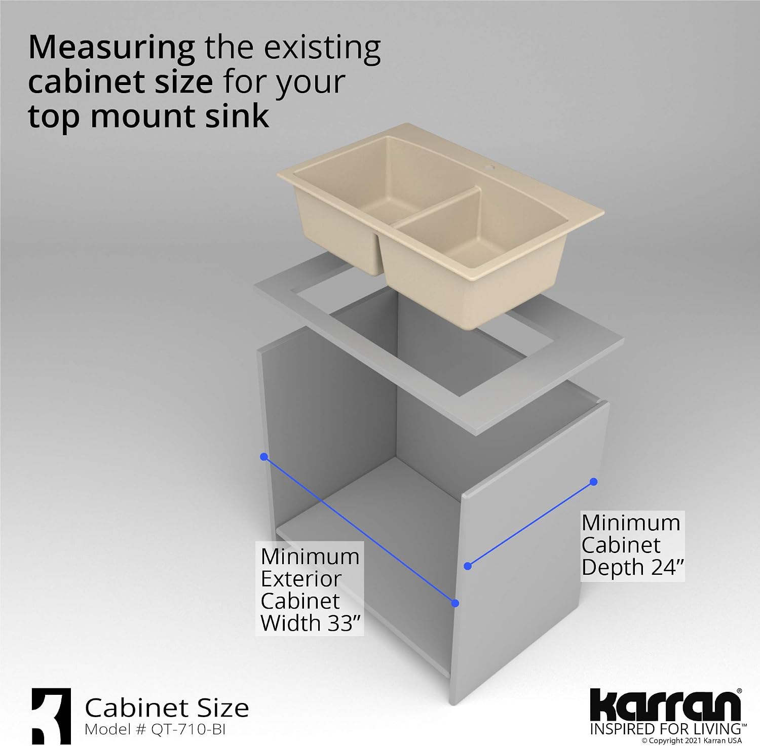 Karran QT-710 33 Inch Top Mount Double Bowl Kitchen Sink, 50/50 Low Divide Quartz Composite Drop-In Sink, Rear Drain, Heat and Scratch Resistant, Bisque