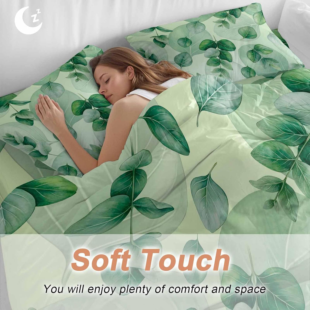 Green Leaf Duvet Cover Set Queen Size 4 Pieces Summer Green Eucalyptus Leaves Plants Farmhouse Bedding Set with Zipper Closure, 1 Comforter Cover 92x106 Inches 1 Flat Sheet & 2 Pillow Cases