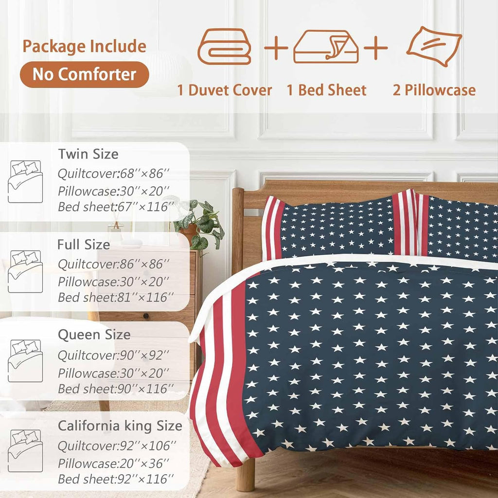 Independence Day Duvet Cover Set Queen Size 4 Pieces U.S. Flag Themed White Five-Pointed Star Bedding Set with Zipper Closure, 1 Comforter Cover 92x106 Inches 1 Flat Sheet & 2 Pillow Cases
