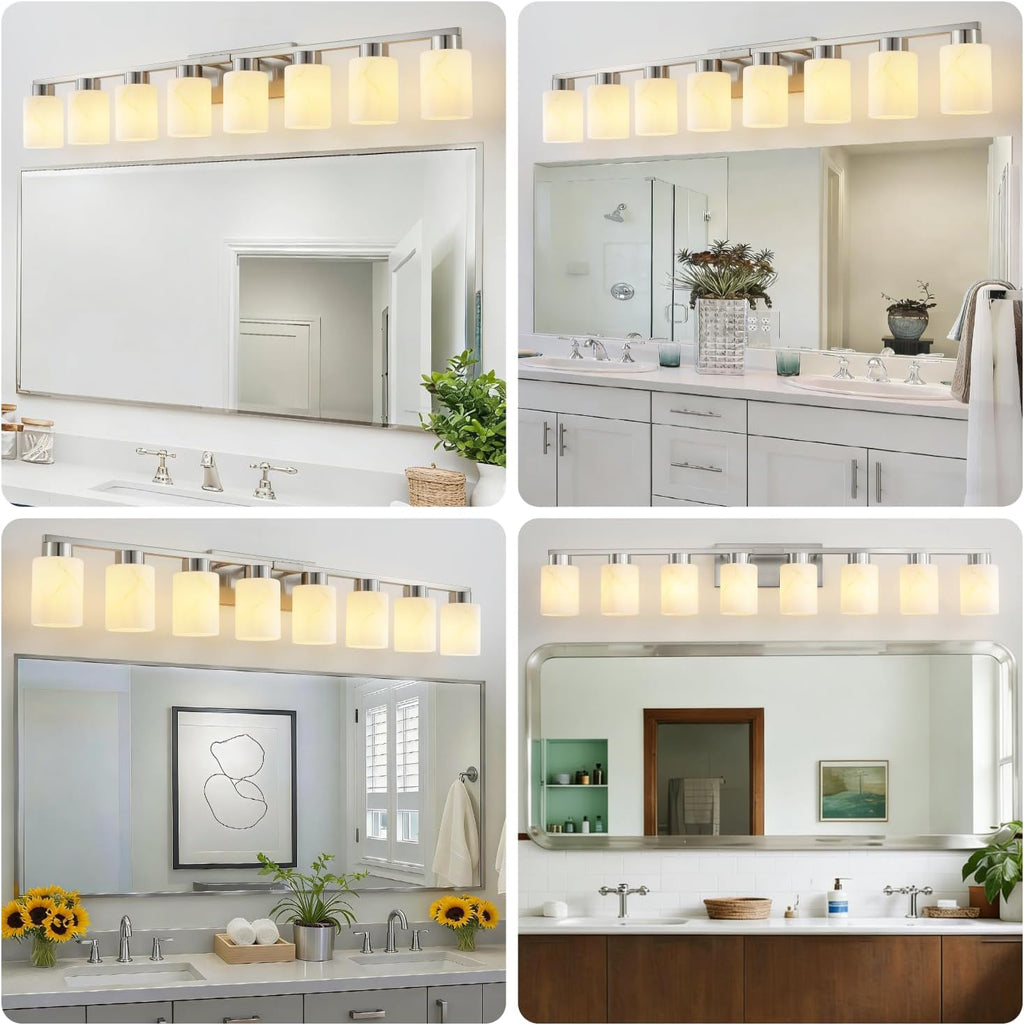 8-Light Bathroom Light Fixtures, Modern Vanity Lights, Brushed Nickel Metal Wall Lamp with White Marble Glass for Bathroom, Mirror, Living Room, Bedroom, Cabinet, Porch, Hallway, E26 Base