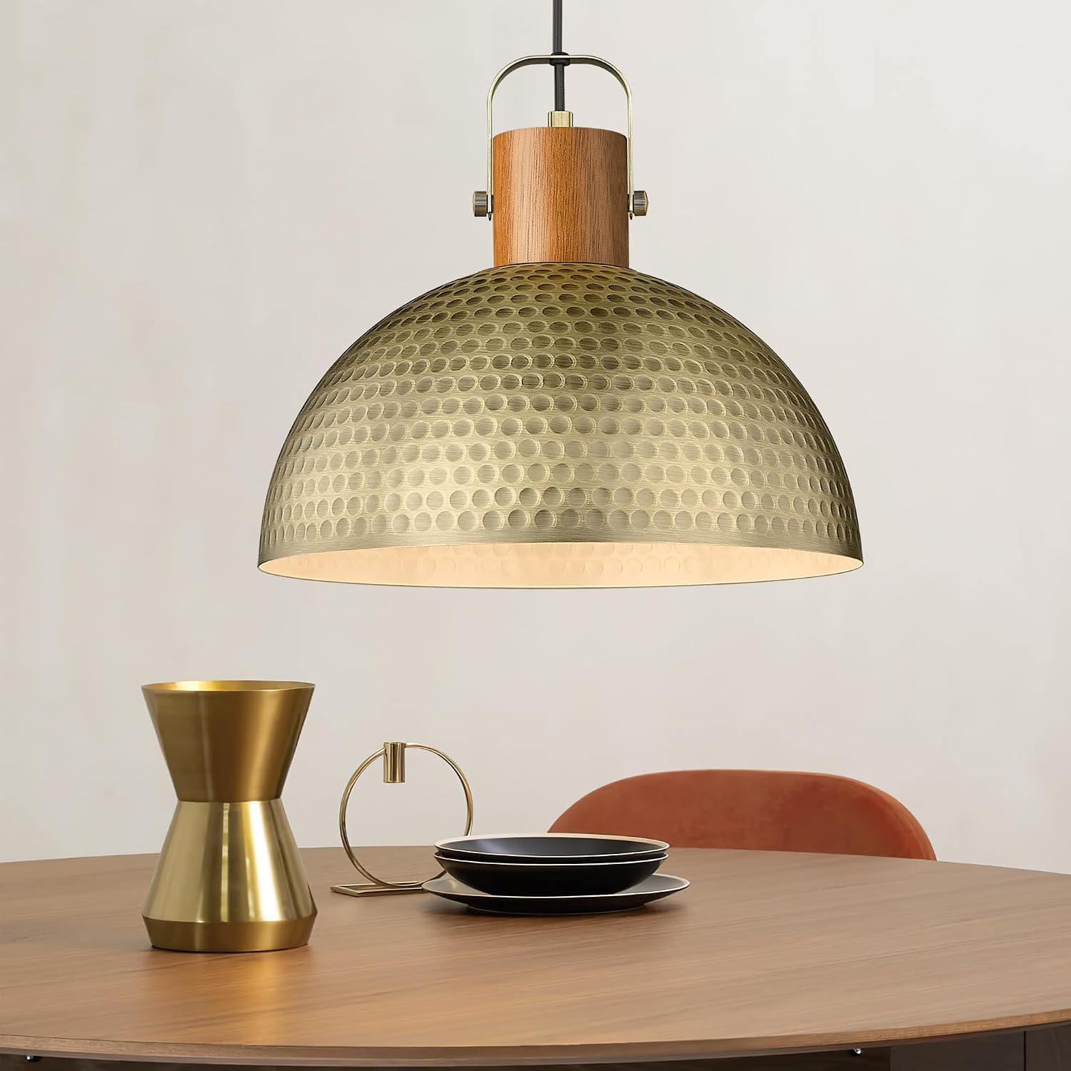 ELYONA 2 Pack Large Hammered Pendant Light Fixtures, 16 Inch Ash Wood Vintage Dome Hanging Lamp, Antique Gold Mid Century Pendant Lighting for Kitchen Island, Farmhouse, Dining Room, Brushed Brass