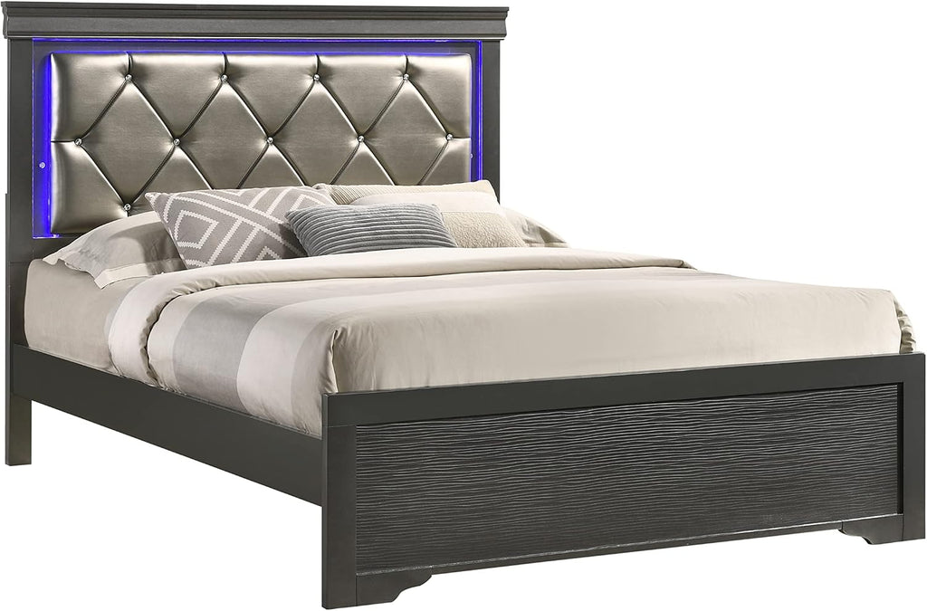 Full 5 Pc Tufted Upholstery LED Bedroom Set Made with Wood in Gray