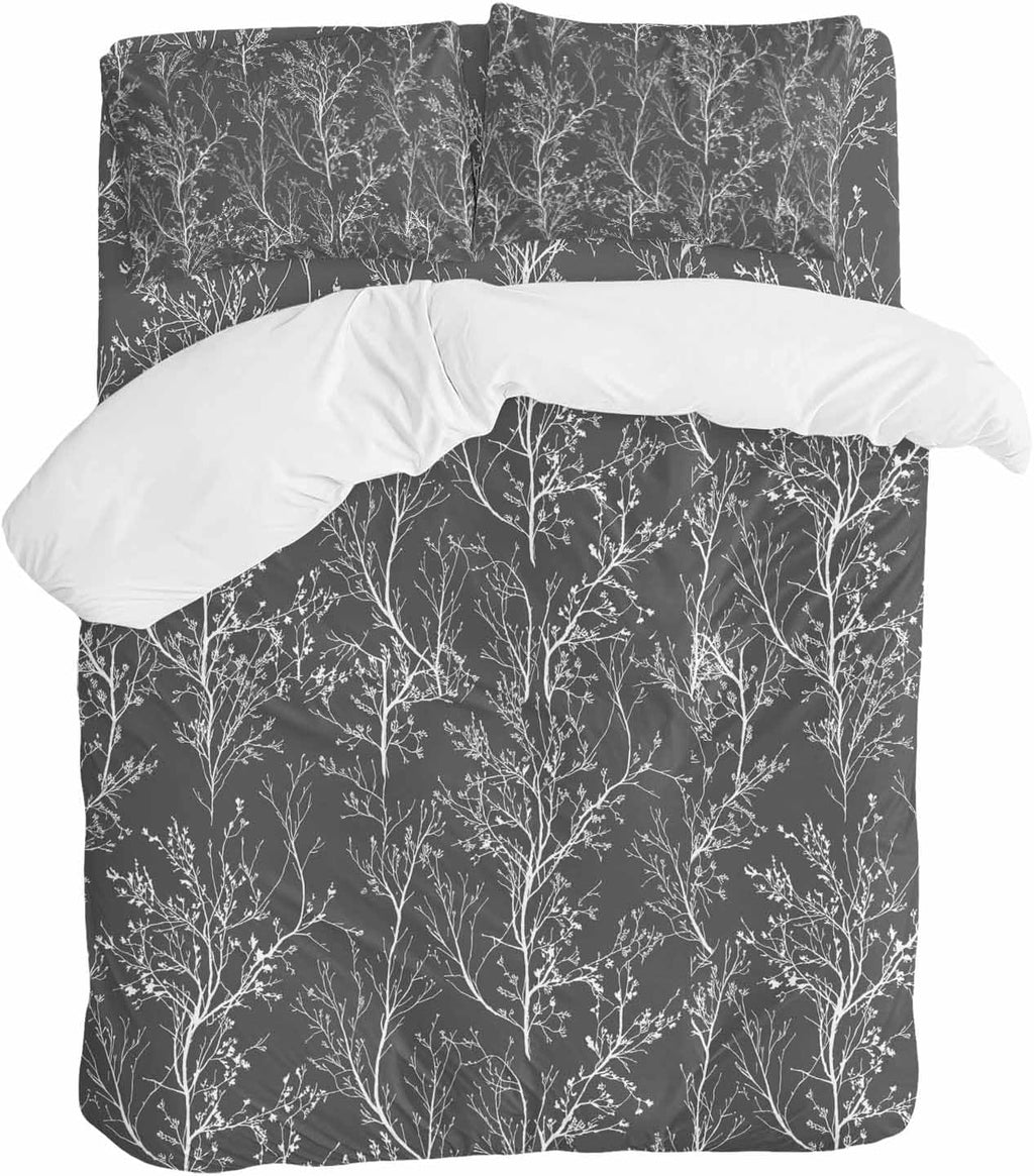 Dark Grey Duvet Cover Set Queen Size 4 Pieces White Tree Branch Botanical Abstract Plant Leaves Bedding Set with Zipper Closure, 1 Comforter Cover 92x106 Inches 1 Flat Sheet & 2 Pillow Cases