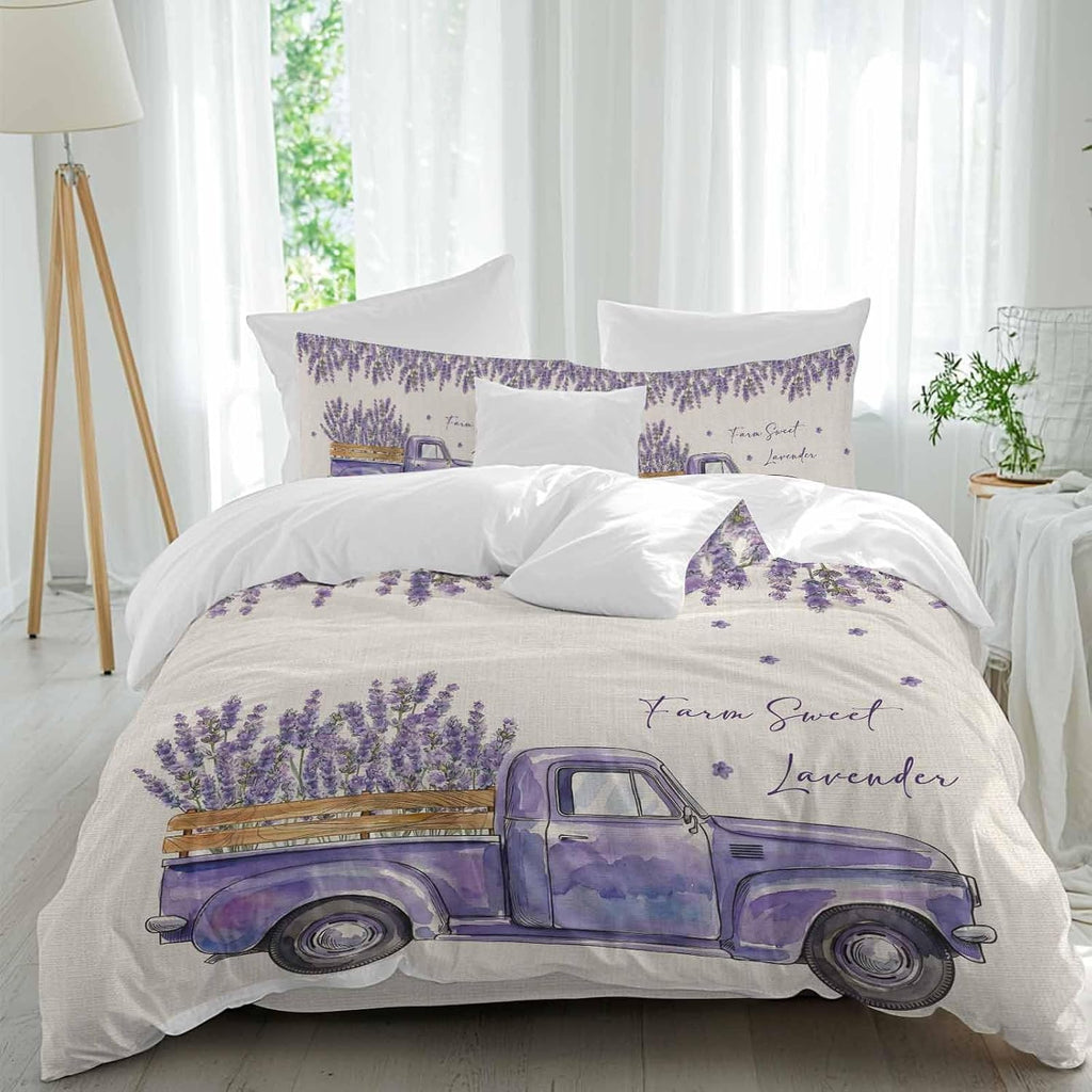 Purple Floral Duvet Cover Set Queen Size 4 Pieces Farm Sweet Lavender Truck Rustic Linen Texture Bedding Set with Zipper Closure, 1 Comforter Cover 92x106 Inches 1 Flat Sheet & 2 Pillow Cases