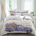 Purple Floral Duvet Cover Set Queen Size 4 Pieces Farm Sweet Lavender Truck Rustic Linen Texture Bedding Set with Zipper Closure, 1 Comforter Cover 92x106 Inches 1 Flat Sheet & 2 Pillow Cases