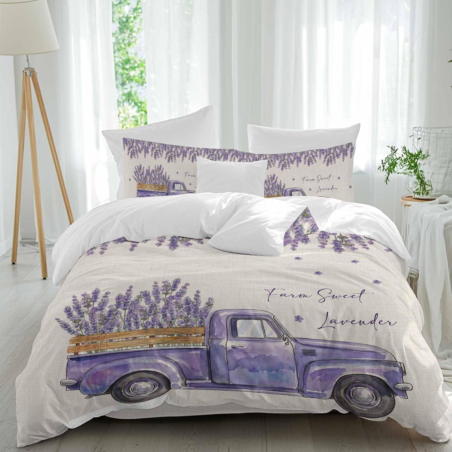 Purple Floral Duvet Cover Set Queen Size 4 Pieces Farm Sweet Lavender Truck Rustic Linen Texture Bedding Set with Zipper Closure, 1 Comforter Cover 92x106 Inches 1 Flat Sheet & 2 Pillow Cases