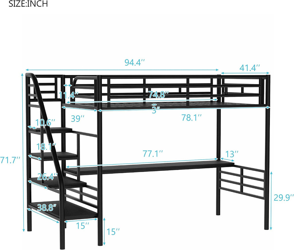 Twin Size Metal Loft Bed Frame with Desk,Bed Designed W/Full-Length Metal Desk Surface,No Box Spring Needed,for Bedroom,Black
