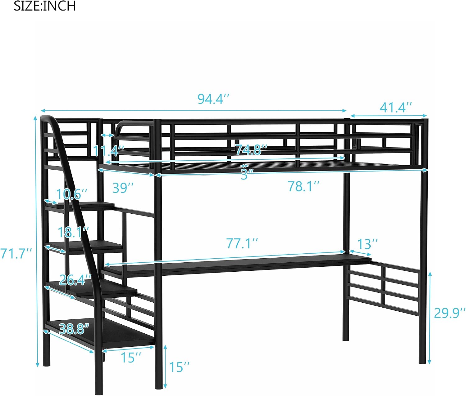 Twin Size Metal Loft Bed Frame with Desk,Bed Designed W/Full-Length Metal Desk Surface,No Box Spring Needed,for Bedroom,Black