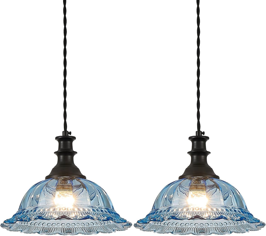 HDDFL Glass Pendant Lights Modern Pendant Lighting Fixtures Hanging Lamp for Kitchen Island Bedroom Dining Room Coffee Shop Hallway Blue and Black 2 Pack