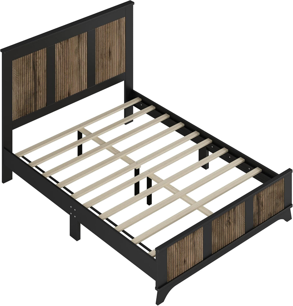Farmhouse 4-Pieces Bedroom Sets, Queen Size Farmhouse Platform Bed with Wooden Strip Stickers Decoration, 2 Nightstands and 6 Drawer Dresser with Metal Handle (Black-4PS)