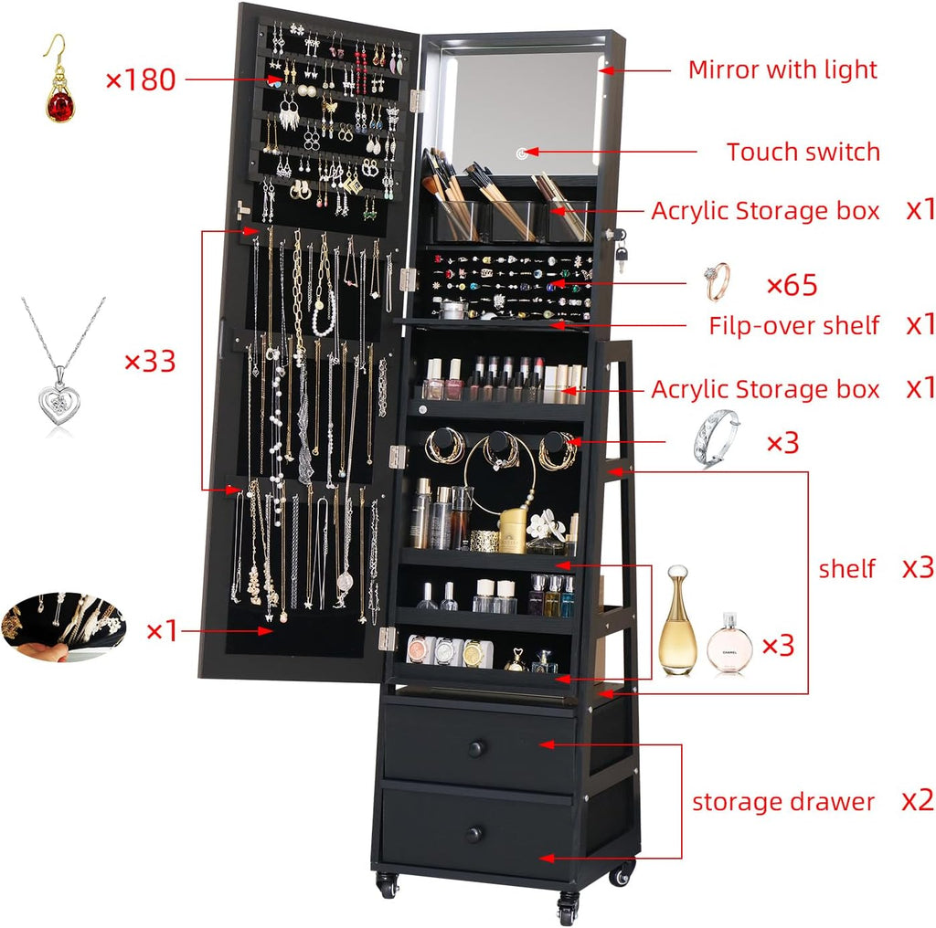 Jewelry Cabinet with Standing Mirror Lockable Full Length Mirror with Drawers Jewelry Organizer Armoire with Wheels,Floor Mirror with Back Storage Shelves for Bedroom Christmas Gift for Friend Black