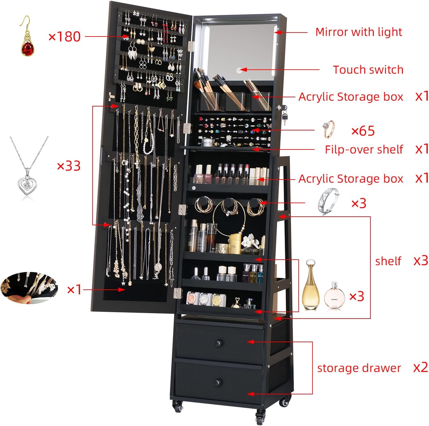 Jewelry Cabinet with Standing Mirror Lockable Full Length Mirror with Drawers Jewelry Organizer Armoire with Wheels,Floor Mirror with Back Storage Shelves for Bedroom Christmas Gift for Friend Black