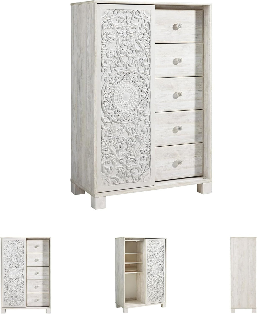 Signature Design by Ashley Paxberry Boho 5 Drawer Dressing Chest with Slider Door & 3 Adjustable Shelves, Whitewash