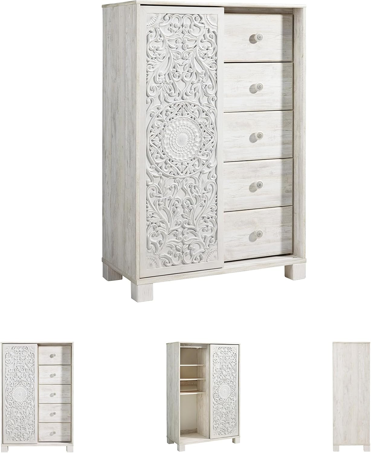 Signature Design by Ashley Paxberry Boho 5 Drawer Dressing Chest with Slider Door & 3 Adjustable Shelves, Whitewash