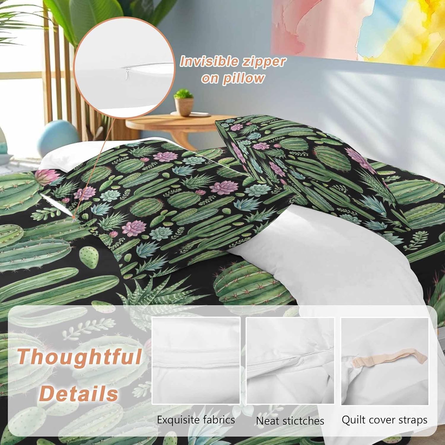 Summer Botanical Duvet Cover Set Queen Size 4 Pieces Tropical Saguaro Opuntia Green Cactus Black Bedding Set with Zipper Closure, 1 Comforter Cover 92x106 Inches 1 Flat Sheet & 2 Pillow Cases