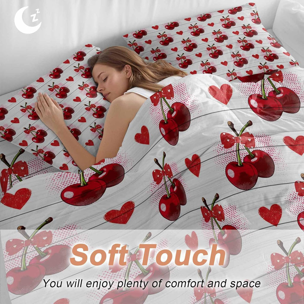 Prime Leader Cherry Duvet Cover Set Queen Size 4 Pieces Watercolor Red Fruit Love Wave Point Wood Grain Bedding Set with Zipper Closure, 1 Comforter Cover 92x106 Inches 1 Flat Sheet & 2 Pillow Cases