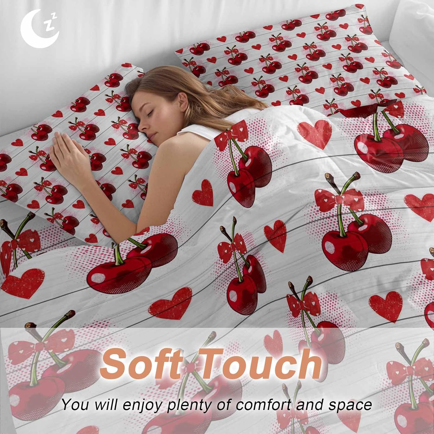 Prime Leader Cherry Duvet Cover Set Queen Size 4 Pieces Watercolor Red Fruit Love Wave Point Wood Grain Bedding Set with Zipper Closure, 1 Comforter Cover 92x106 Inches 1 Flat Sheet & 2 Pillow Cases