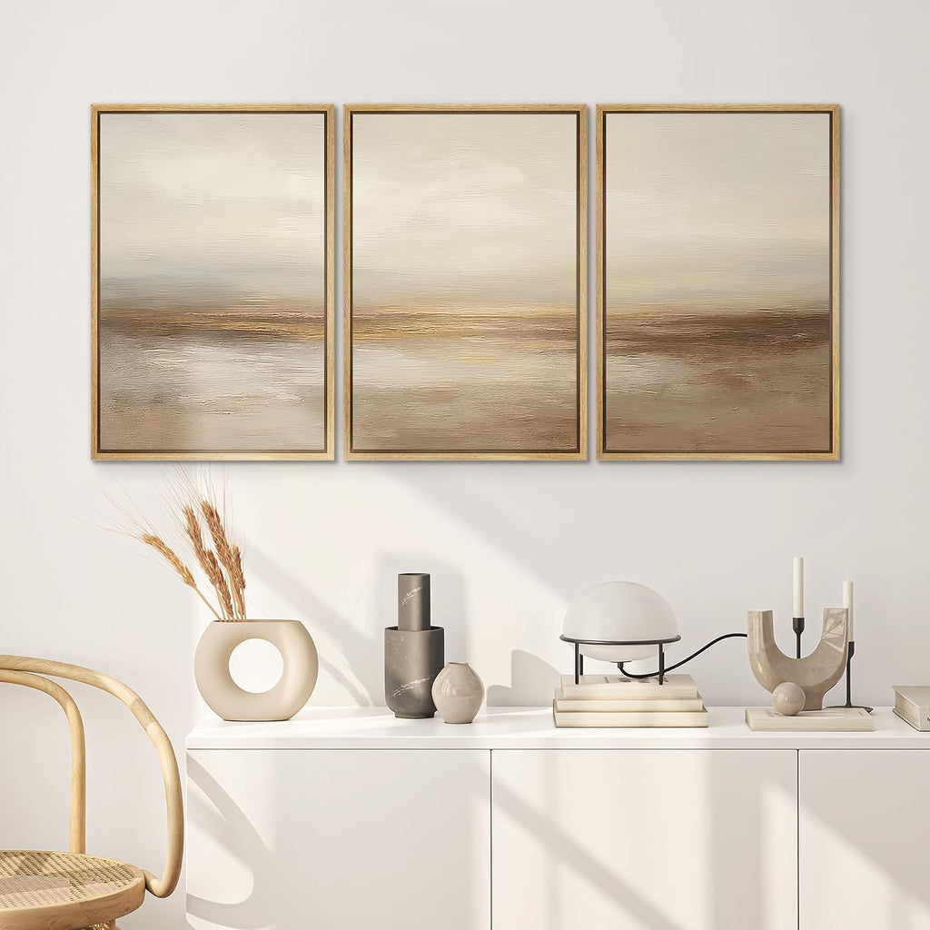 SIGNWIN Framed Wall Art Print Set Beige & Gold Horizon Abstract Minimalist Illustrations Modern Art Chic Multicolor for Living Room, Bedroom, Office - 24'x36'x3 Natural