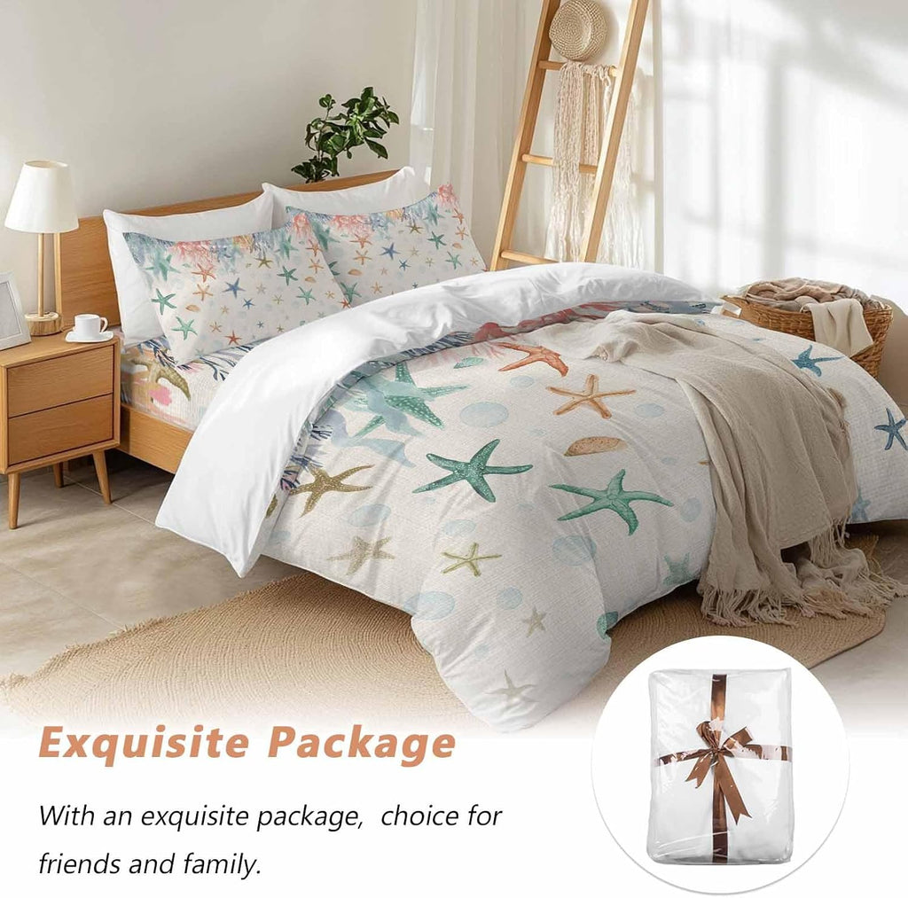 Oceans Animal Duvet Cover Set Queen Size 4 Pieces Summer Colorful Starfish Coral Seagrass Linen Texture Bedding Set with Zipper Closure, 1 Comforter Cover 92x106 Inches 1 Flat Sheet & 2 Pillow Cases