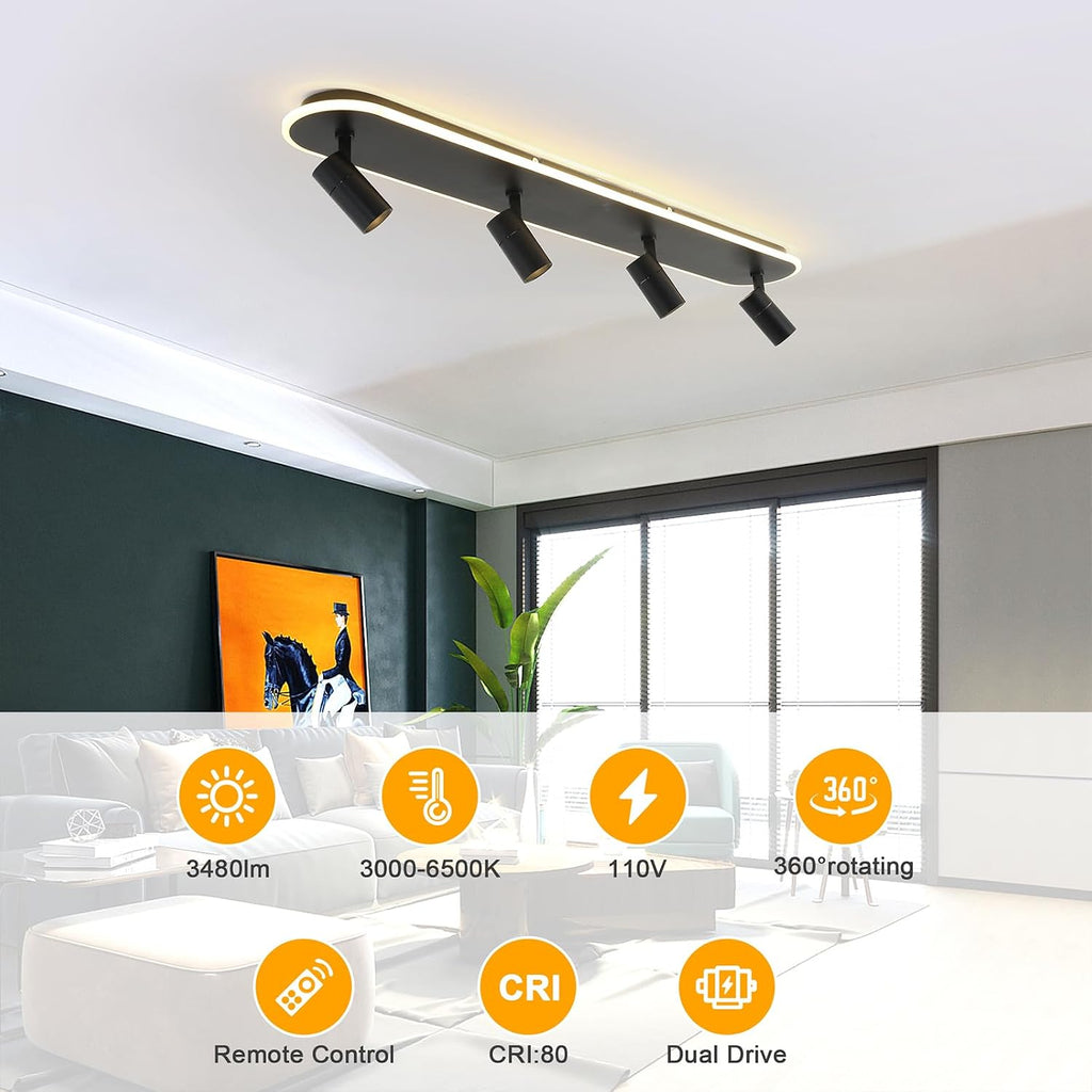 Jaycomey LED Track Lighting Fixtures Ceiling, 58W Adjustable Ceiling Spotlights with Remote, Dimmable 3000K-6500K Modern Kitchen Ceiling Light for Living Room Bedroom Dining Room Hallway Black