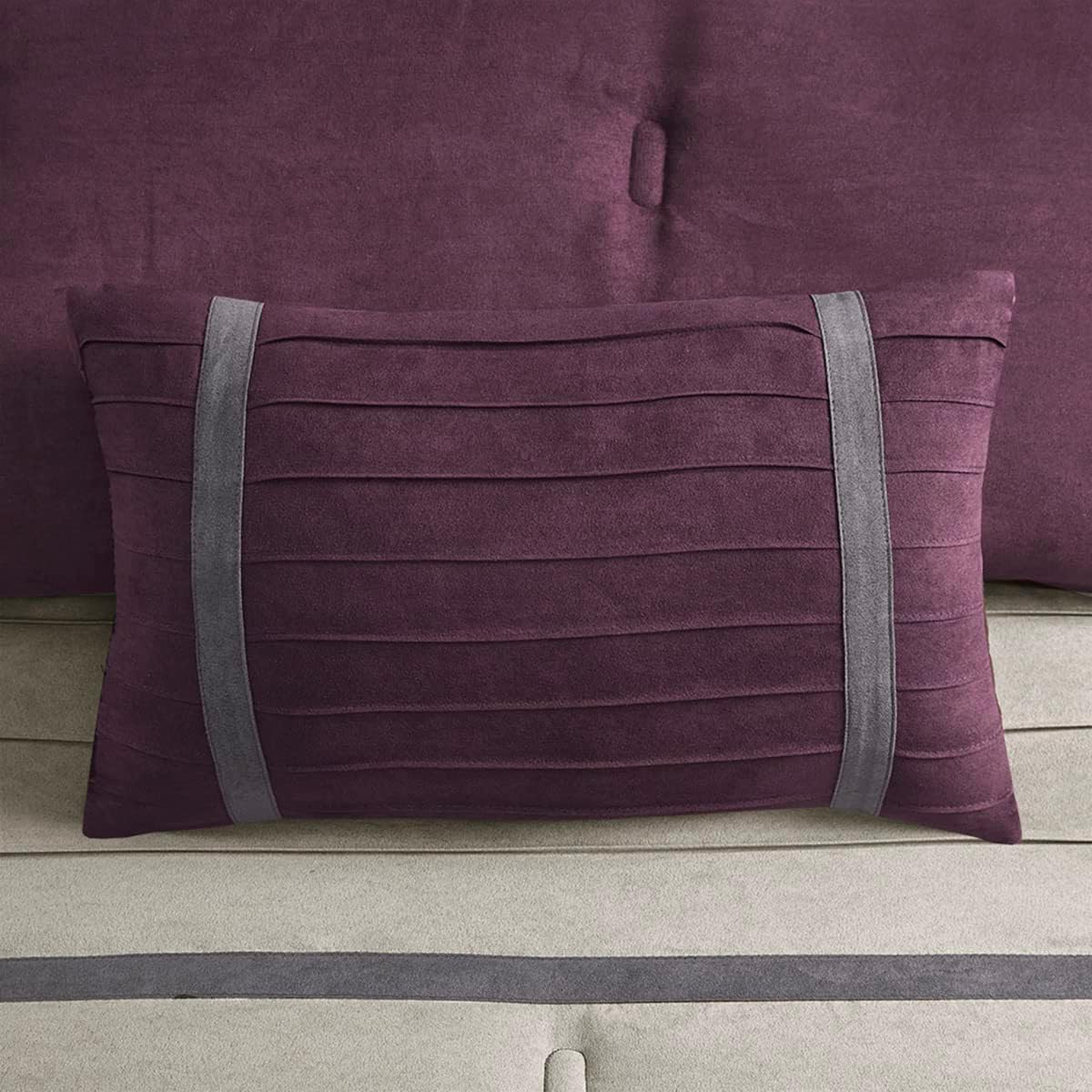 Madison Park Palmer Comforter Set - Faux Suede Design, Striped Accent, All Season Down Alternative Bedding, Matching Shams, Decorative Pillow, Bed Skirt, King (104 in x 92 in), Purple 7 Piece