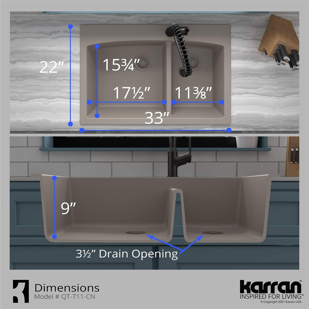 Karran QT-711 Drop-In Quartz Composite 33 in. 1-Hole 60/40 Double Bowl Kitchen Sink in Concrete