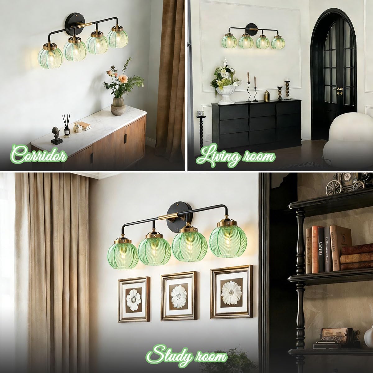 Modern Vanity Light Bathroom 4-Light Fixtures Vintage Wall Lamp Emerald Green Glass Globe Shade Over Mirror Vanity Wall Lights Indoor Deco Lighting Fixture for Mirror Kitchen Cabinet